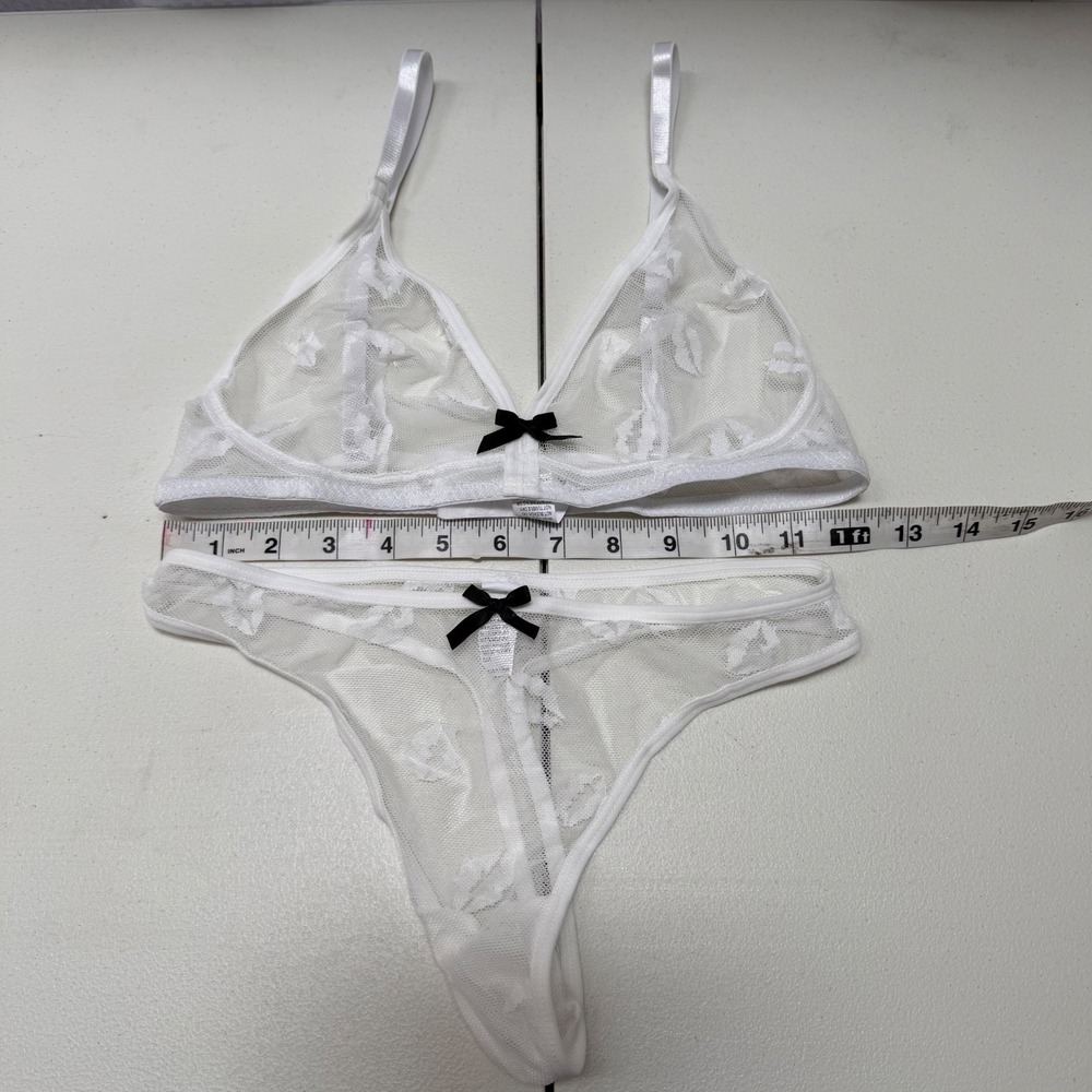 White Mesh Wireless Bralette & Matching Thong Lingerie Set w/ Black Bows Small